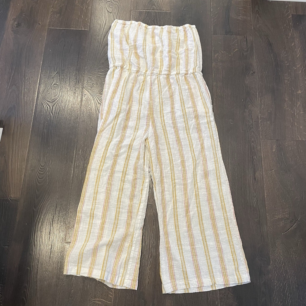 Women’s Strapless Jumpsuit Striped Wide Leg 100% Cotton Resort Wear Vacation - Picture 3 of 9